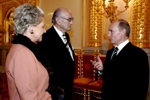 St. George's Hall, Grand Kremlin Palace. President Vladimir Putin with Prince Dmitri Romanovich of Russia and his spouse at a state reception devoted to National Unity Day. (Source: Wikipedia)